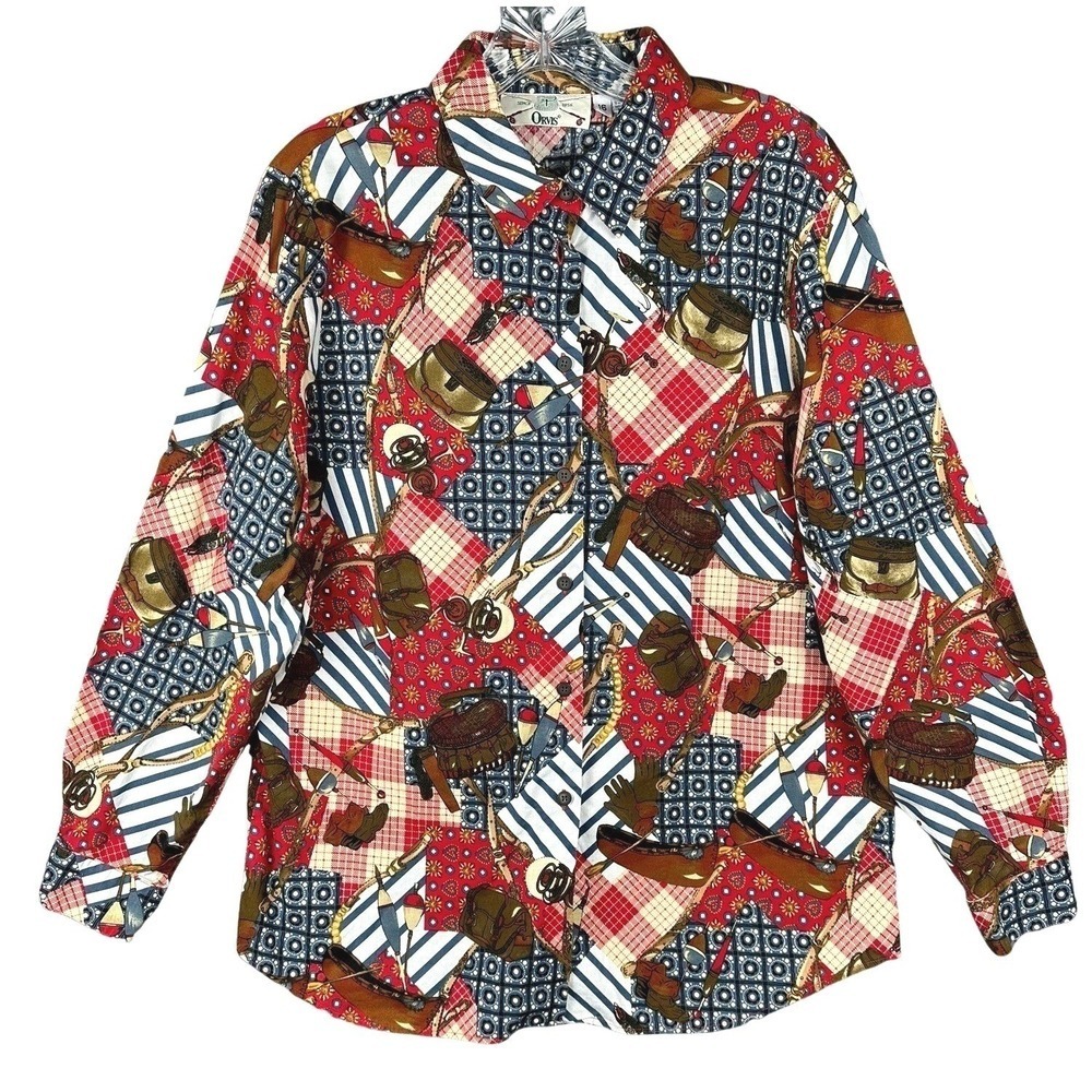 Vintage Orvis Womens 16 Fly Fishing Novelty Print Cotton Shirt Made in USA - Picture 3 of 11